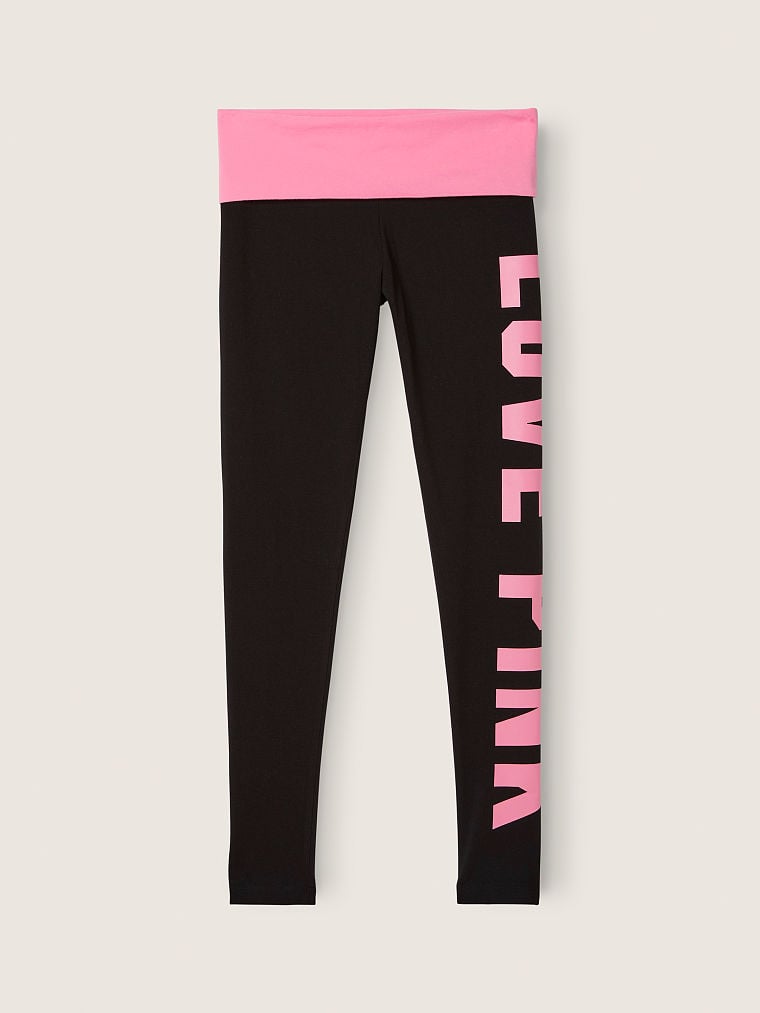 Pink Victorias Secret Foldover Yoga Pants Womens S Black Dog Logo