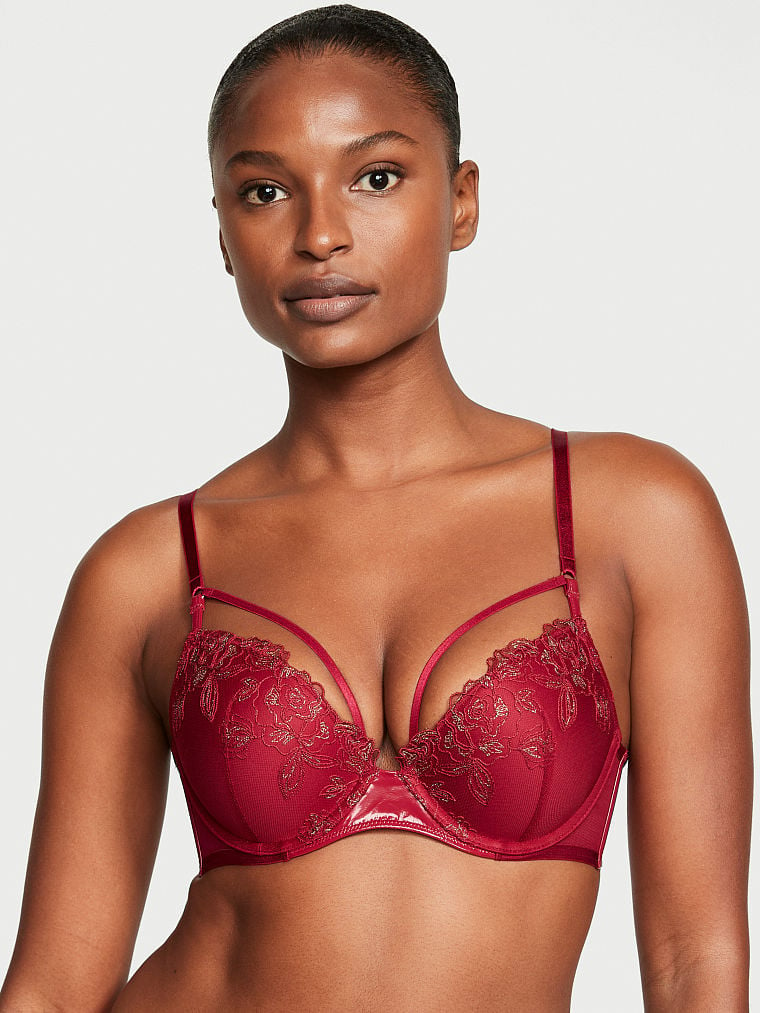 VICTORIA'S SECRET VERY SEXY Red Push-Up Bra VS Strappy Floral Embroidery 36D  38B