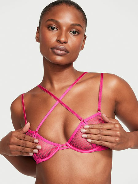 Womens Sexy Lace Bra Underwire Balconette Unlined Demi Sheer Plus Size  Beige 34D