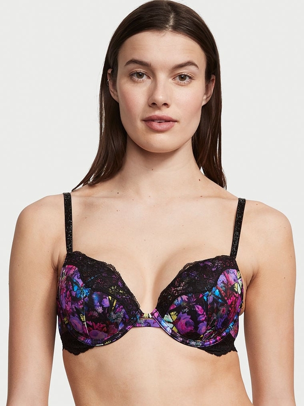Plus Size - Black Floral Embroidered Microfiber Push-Up Strapless