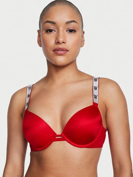 Victoria's Secret VERY SEXY Bombshell Add-2-cups Shine Strap Push-Up Bra & Victoria  Secret Panty Brazilian Shine Strap Red Bling Logo Satin New Size M - $60  (53% Off Retail) - From Yaqeen